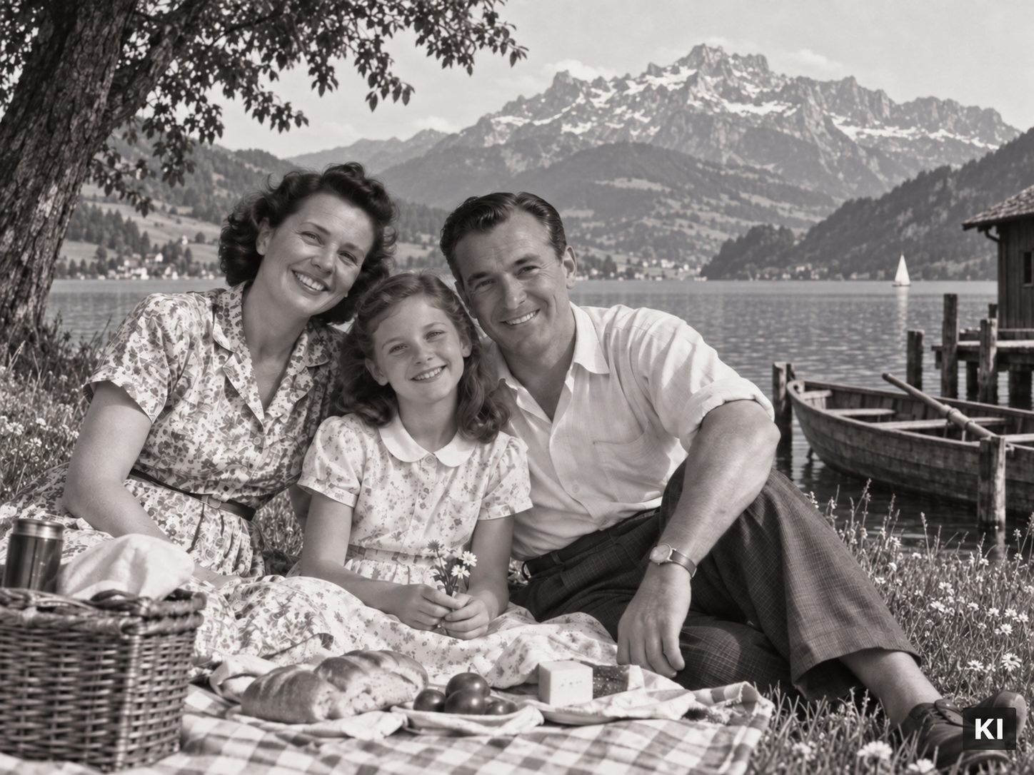 KI-generiertes Musterbild: Mit Mama und Papa am Vierwaldstättersee im Jahr 1950